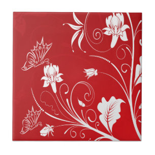 Azulejo De Cerâmica Floral Vermelho e Branco Moderno
