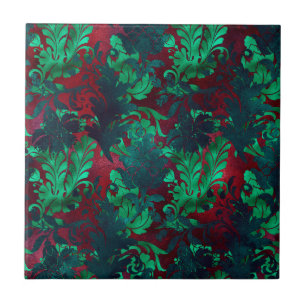 Azulejo De Cerâmica Floral Vintage  Burgundy Verde Esmeralda Brilhante