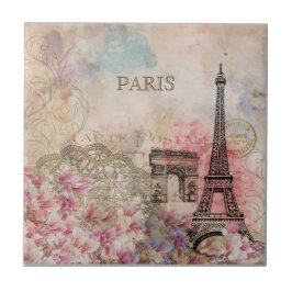Azulejo De Cerâmica Floral Vintage Paris Torre Eiffel Efêmera