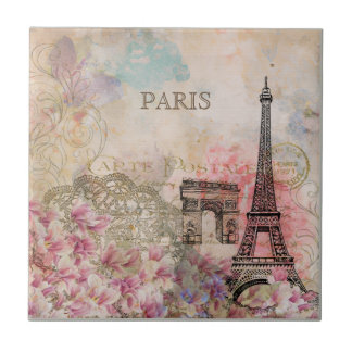 Azulejo De Cerâmica Floral Vintage Paris Torre Eiffel Efêmera