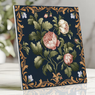 Azulejo De Cerâmica Floral Vitoriano Antigo Damasco Peônias Azul Marin