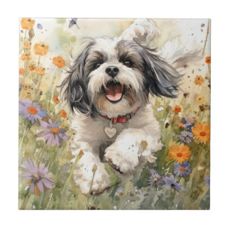 Azulejo De Cerâmica Floral Watercolor Shih Tzu que corre através da fl
