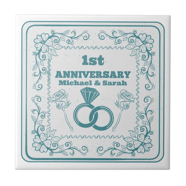 Azulejo De Cerâmica Floral wedding Anniversary Customizable year (Frente)