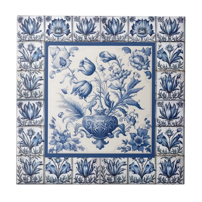 Azulejo De Cerâmica Floreal estonteante Monograma azul toile de jouy (Frente)