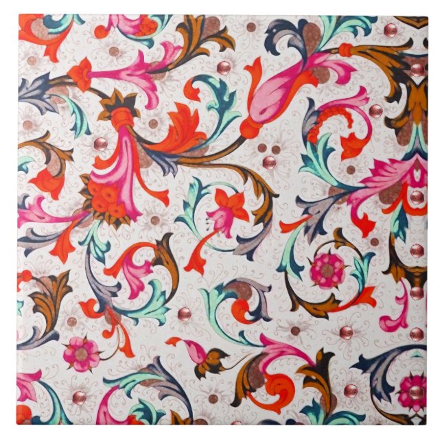 AZULEJO DE CERÂMICA  FLORENTINA RENAISSÂNCIA, PEDAÇOS FLORAIS VERMELHOS (Frente)