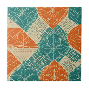 Azulejo De Cerâmica Flores Abstratas Azul-Verde, Laranja e Bege