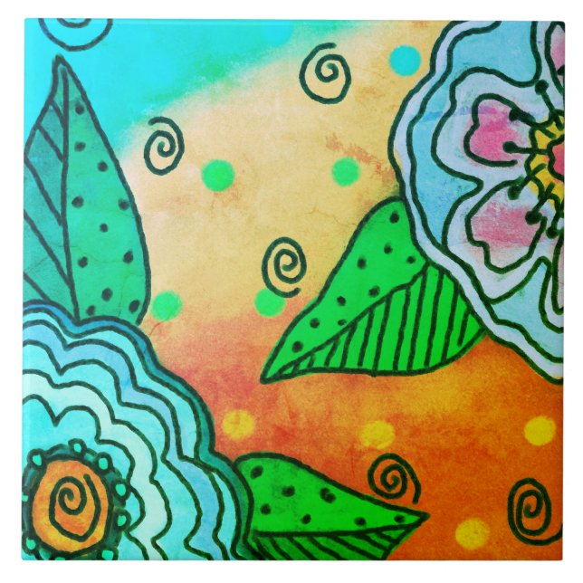 Azulejo De Cerâmica Flores abstrato Azuis (Frente)