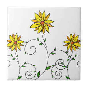 Azulejo De Cerâmica Flores Amarelas Divertidas Arte Doodle Fofa