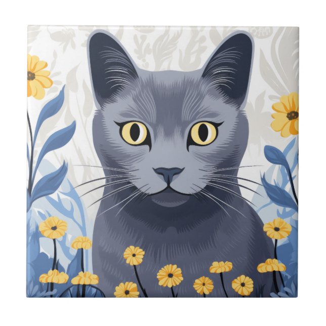 Azulejo De Cerâmica Flores Amarelas do Gato Azul Russo (Frente)