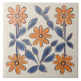 Azulejo De Cerâmica Flores Amarelas Escuras e Teais, Flores Mediterrân