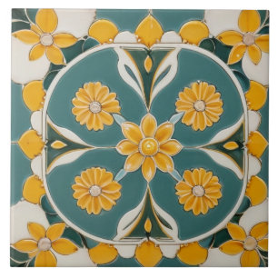 Azulejo De Cerâmica Flores Amarelas Teais Flores Geométricas Mediterrâ