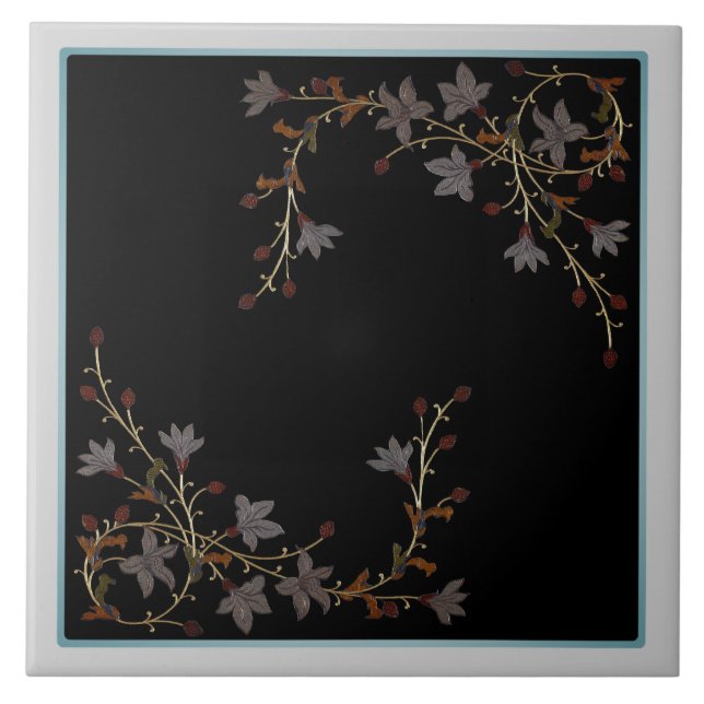 Azulejo De Cerâmica Flores Art Déco em Preto (Frente)