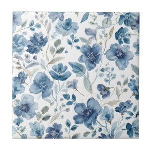 Azulejo De Cerâmica Flores Azuis Botânica Floral Aquarela