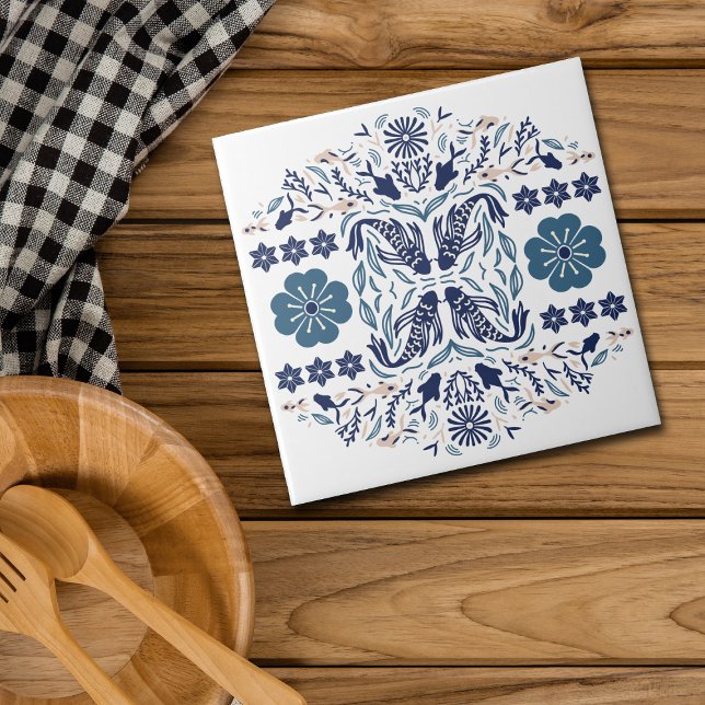 Azulejo De Cerâmica Flores Azuis e Visão Asiática de Peixes (Criador carregado)