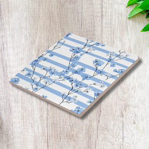 Azulejo De Cerâmica Flores Azuis Elegantes e Padrão Floral Listrado
