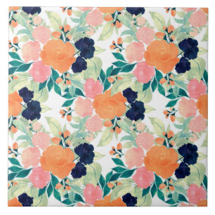 Azulejo De Cerâmica Flores Azuis Elegantes Rosa Laranja Aquarela Flora