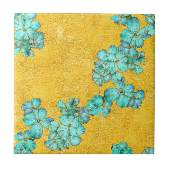 Azulejo De Cerâmica Flores azuis em fundo amarelo (Frente)