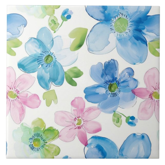Azulejo De Cerâmica Flores Azuis Rosa Chic (Frente)