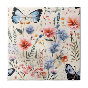 Azulejo De Cerâmica Flores Azuis Rosa-Rosa-Dragonfly Garden