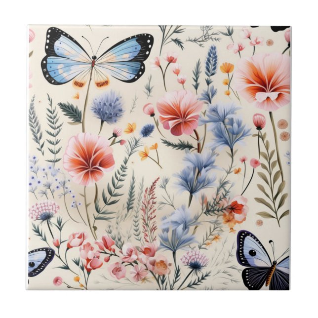 Azulejo De Cerâmica Flores Azuis Rosa-Rosa-Dragonfly Garden (Frente)