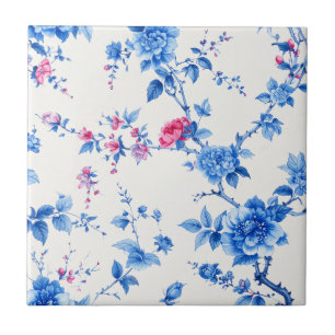 Azulejo De Cerâmica Flores Azuis Safira Vintage em Marfim