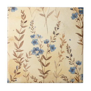 Azulejo De Cerâmica Flores Azuis Vintage de Prado em Creme Antigo