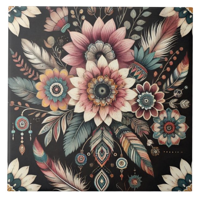 Azulejo De Cerâmica Flores Boho Noturnas (Frente)