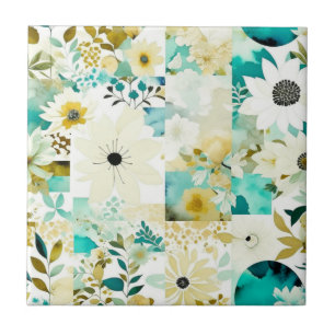 Azulejo De Cerâmica Flores bonito de Arte Folclórica Branca e Turquesa