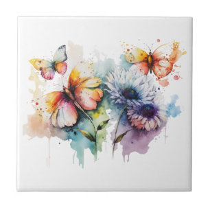 Azulejo De Cerâmica Flores Borboletas Aquarela Roxo Amarelo Azul