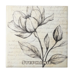 Azulejo De Cerâmica Flores Botânicas Sépia Elegantes Rótulo Vintage