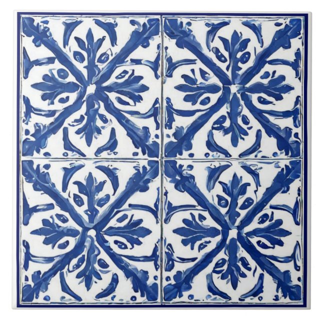 Azulejo De Cerâmica Flores brancas azuis pintadas no Mediterrâneo (Frente)