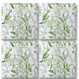 Azulejo De Cerâmica Flores Brancas bonito De Aquarela Folhagem Verde