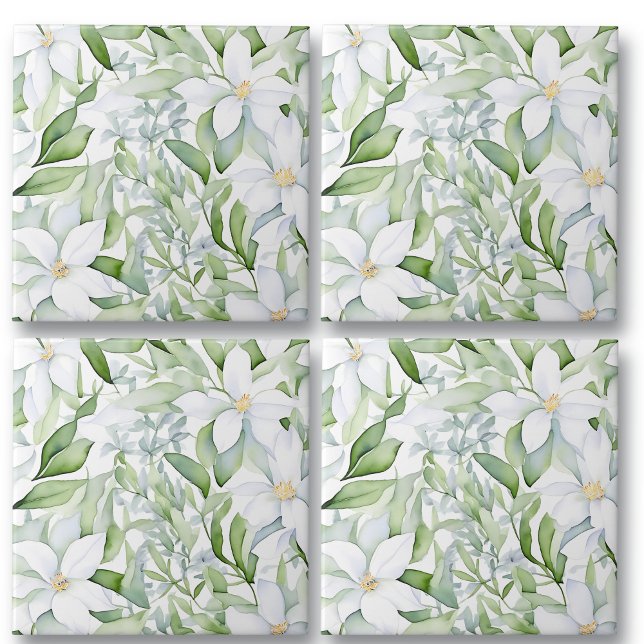 Azulejo De Cerâmica Flores Brancas bonito De Aquarela Folhagem Verde (Criador carregado)