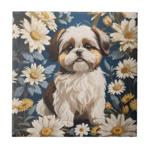 Azulejo De Cerâmica Flores Brancas de Margarida Cachorros Shih Tzu