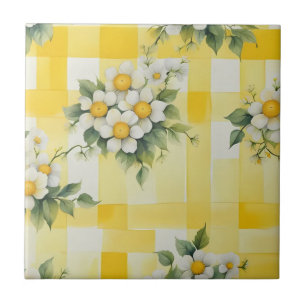 Azulejo De Cerâmica Flores Brancas e Amarelas em Xadrez Amarelo de Faz