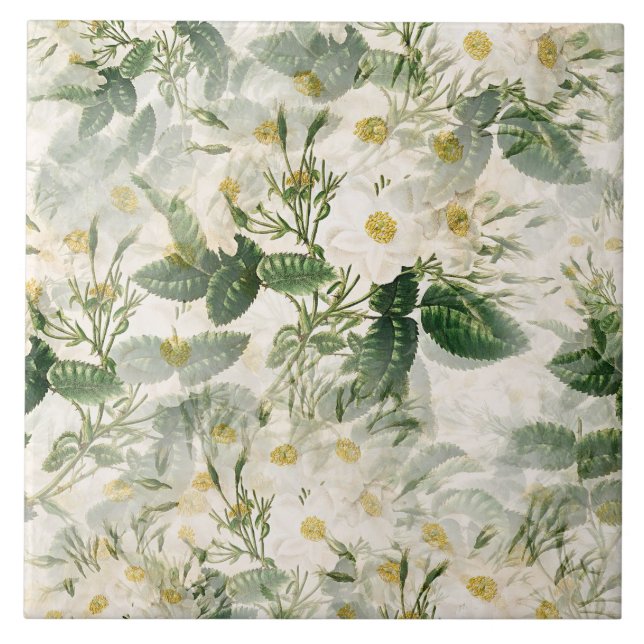 Azulejo De Cerâmica Flores brancas e verdes românticas (Frente)