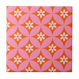 Azulejo De Cerâmica Flores Brancas em Padrão de Círculos Rosa de Meado