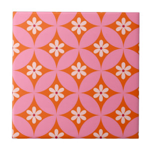 Azulejo De Cerâmica Flores Brancas em Padrão de Círculos Rosa de Meado