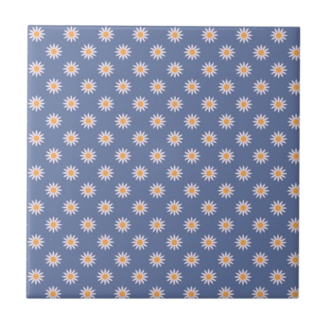 Azulejo De Cerâmica Flores Brancas Fofas em Padrão Azul (Frente)