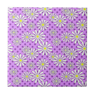 Azulejo De Cerâmica Flores brancas margaridas sobre fundo bolinhas