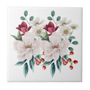 Azulejo De Cerâmica Flores Brancas Vermelhas Florais Cozinha Banheiro 