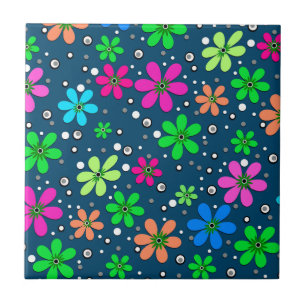 Azulejo De Cerâmica Flores camomila multicoloridas brilhantes em azul