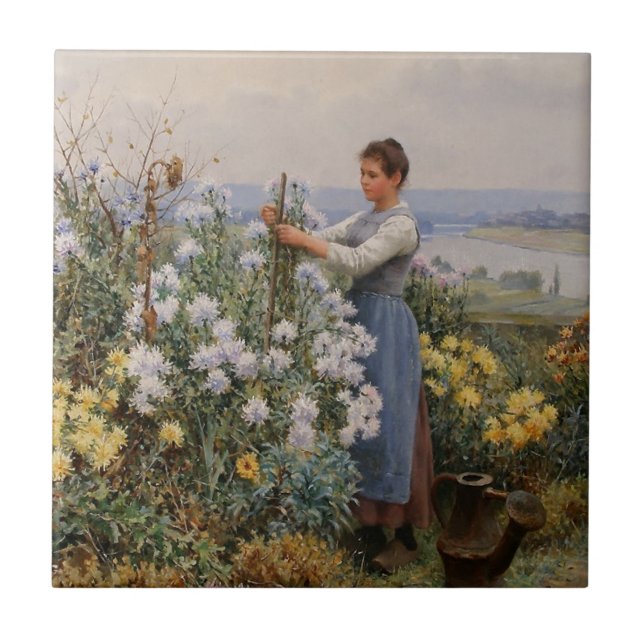 Azulejo De Cerâmica Flores Chrysanthemum (Garota no Jardim) (Frente)