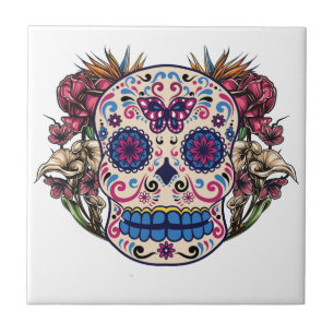 Azulejo De Cerâmica Flores coloridas dos rosas do rosa do crânio do