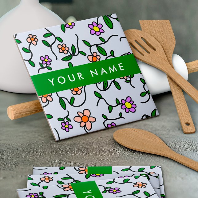 Azulejo De Cerâmica Flores Coloridas, Fundo Azul, Verde (Criador carregado)