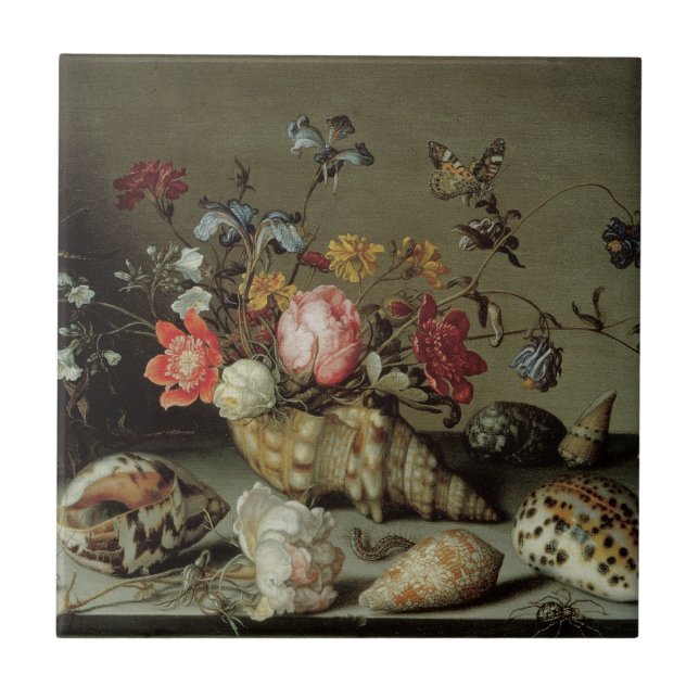 Azulejo De Cerâmica Flores, conchas e insetos Balthasar van der Ast (Frente)