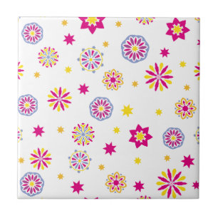 Azulejo De Cerâmica Flores cor-de-rosa, amarelas e azuis abstratas