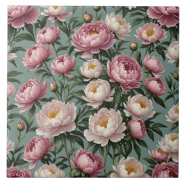 Azulejo De Cerâmica Flores cor-de-rosa e brancas de Peony