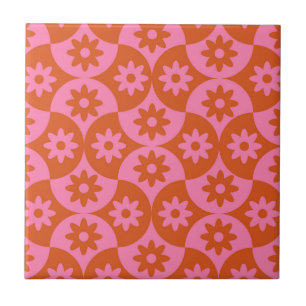 Azulejo De Cerâmica Flores Cor-de-Rosa e Laranja em Scallop de Meados 
