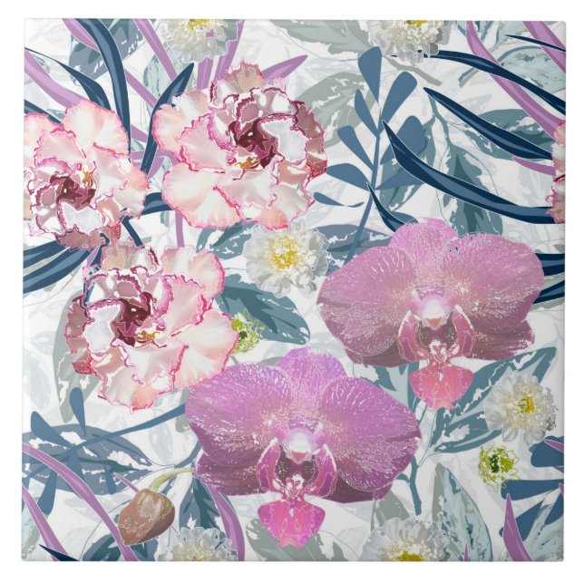 Azulejo De Cerâmica Flores cor-de-rosa e orquídea. (Frente)